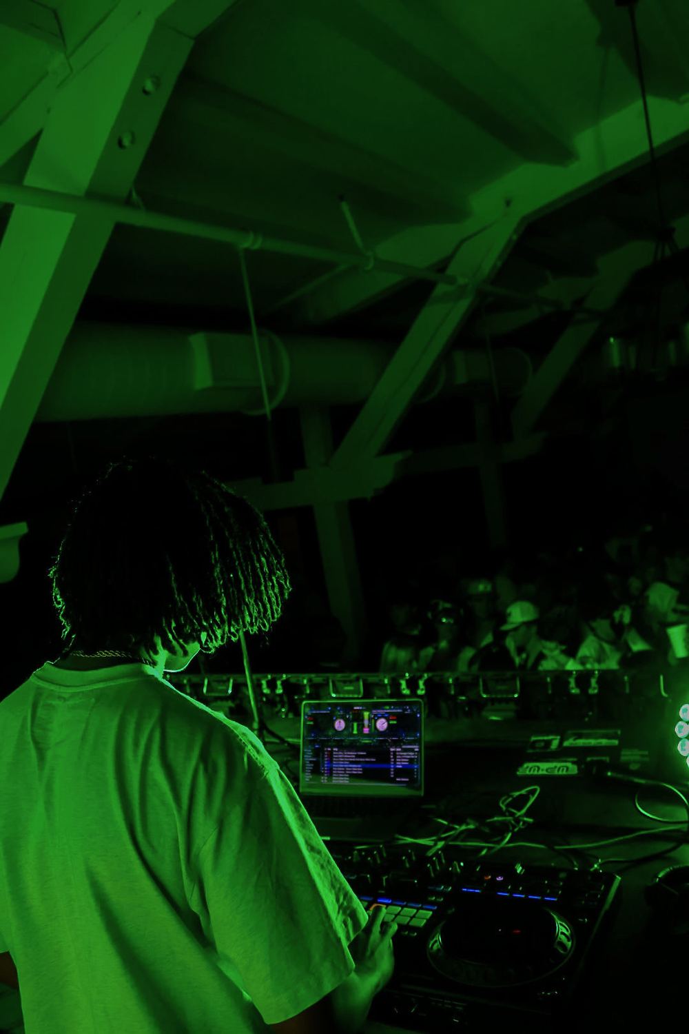 DJ Reese performing for a crowd under stage lighting